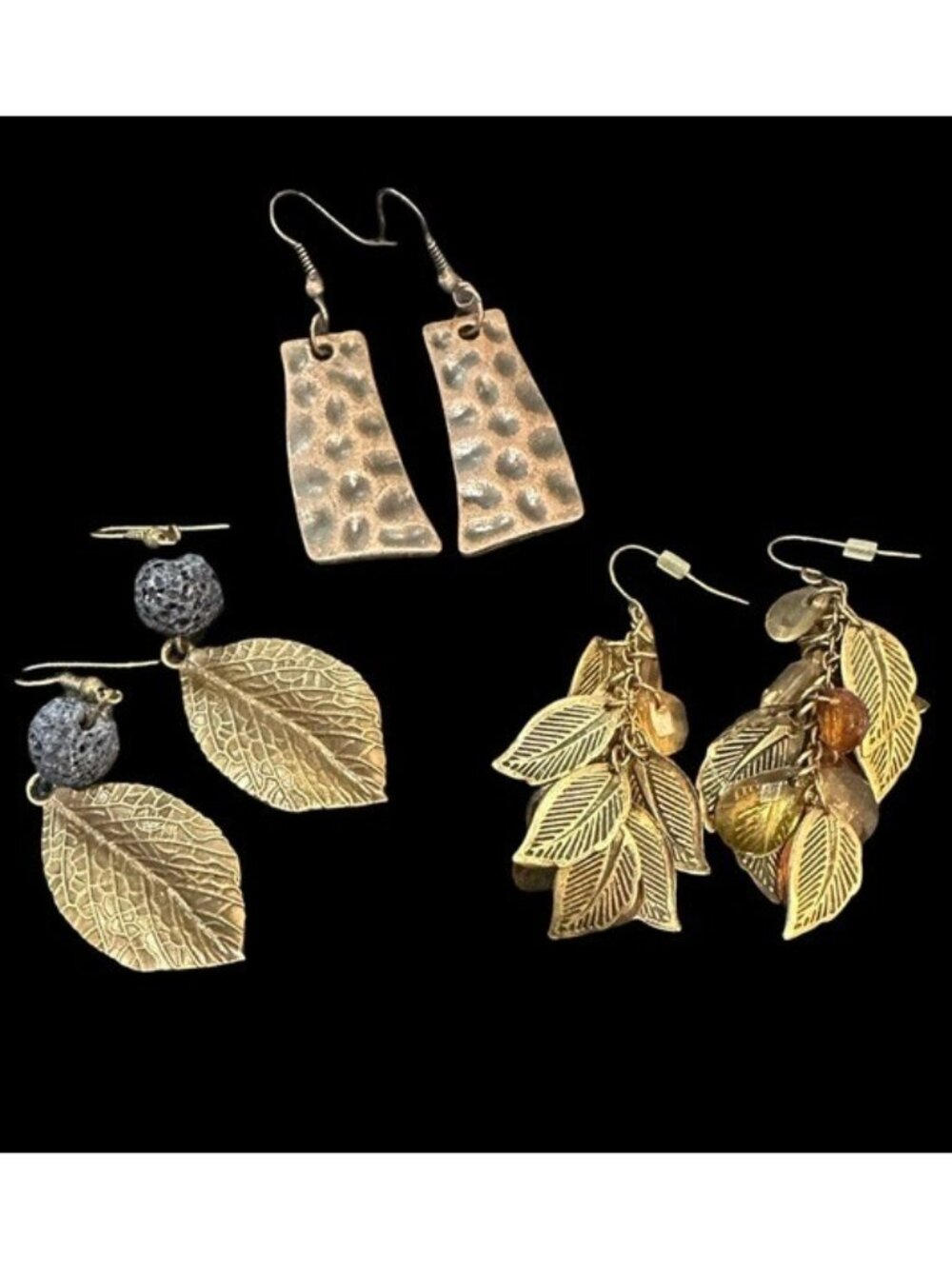 Bronze and Antique Gold Tone Earring Set Safari Leaf Inspiration Dangles 3 Pair